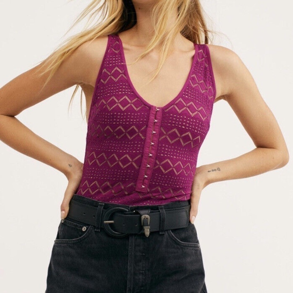 New Free People Thank You Never Bodysuit In Myrtle Magenta | Size XS